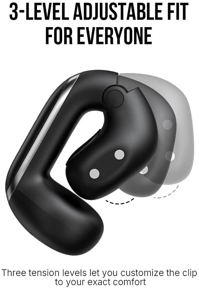 Alt view image 3 of 7 - Open Ear Earbuds with AI ENC Clear Calls & Adaptive Volume Black Clip-On Wireless Earbuds, Bluetooth 6.0, Dual Device Connection, 12mm Bass Sound, Battery Display, 26H Playtime