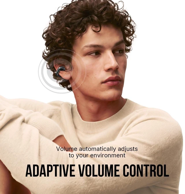 Alt view image 4 of 7 - Open Ear Earbuds with AI ENC Clear Calls & Adaptive Volume Black Clip-On Wireless Earbuds, Bluetooth 6.0, Dual Device Connection, 12mm Bass Sound, Battery Display, 26H Playtime