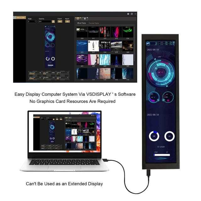Alt view image 2 of 7 - 8.8'' PC Case Screen 1920x480 IPS Monitor with Theme Editor,Black As Computer Sensor Panel Temperature CPU GPU RAM Data Monitoring Secondary Display