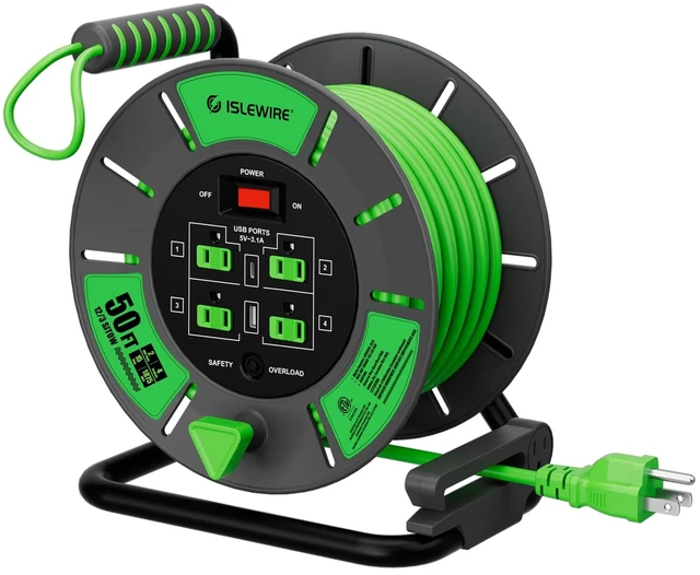 Main image of 50 FT Retractable Extension Cord Reel, 12AWG SJTOW Heavy Duty Power Cord with 4 Grounded Outlets, USB-A & USB-C Ports, 15A Circuit Breaker, Hand Crank for Indoor Outdoor Use, ETL Listed, Green