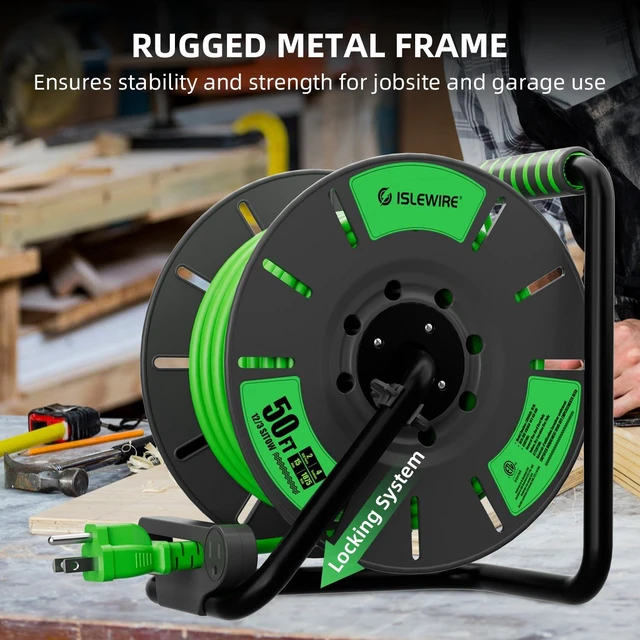 Alt view image 6 of 7 - 50 FT Retractable Extension Cord Reel, 12AWG SJTOW Heavy Duty Power Cord with 4 Grounded Outlets, USB-A & USB-C Ports, 15A Circuit Breaker, Hand Crank for Indoor Outdoor Use, ETL Listed, Green