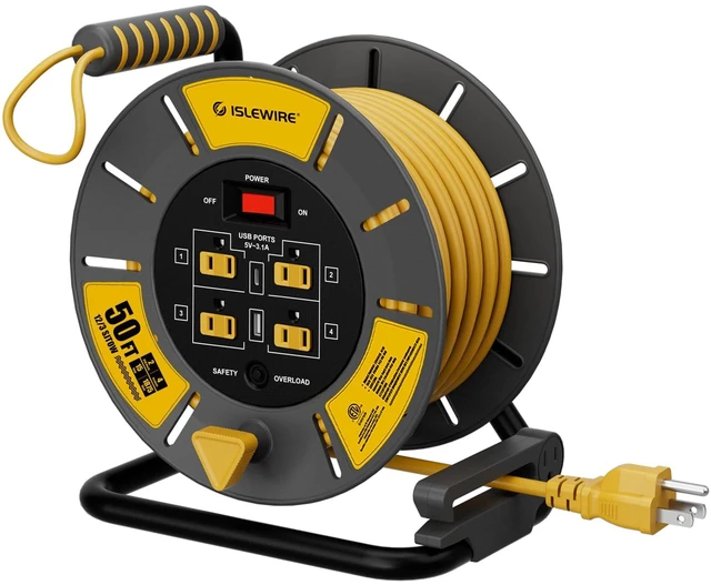 Main image of 50 FT Retractable Extension Cord Reel, 12AWG SJTOW Heavy Duty Power Cord with 4 Grounded Outlets, USB-A & USB-C Ports, 15A Circuit Breaker, Hand Crank for Indoor Outdoor Use, ETL Listed, Yellow