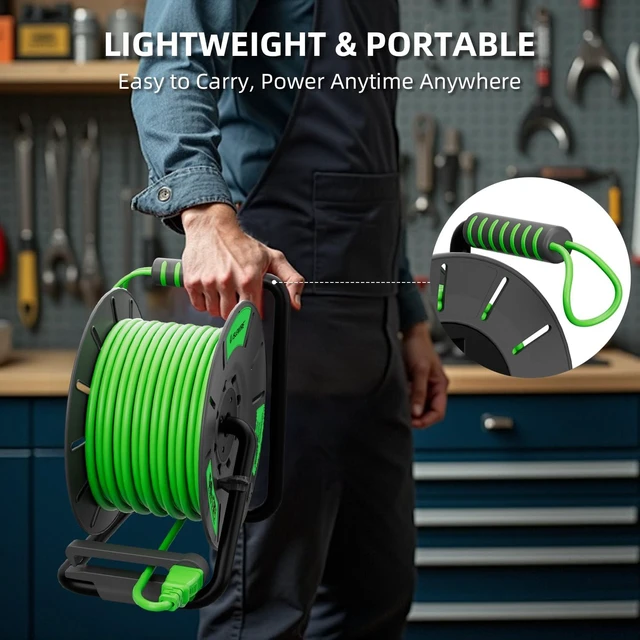 Alt view image 7 of 7 - 50 FT Retractable Extension Cord Reel, 12AWG SJTOW Heavy Duty Power Cord with 4 Grounded Outlets, USB-A & USB-C Ports, 15A Circuit Breaker, Hand Crank for Indoor Outdoor Use, ETL Listed, Green