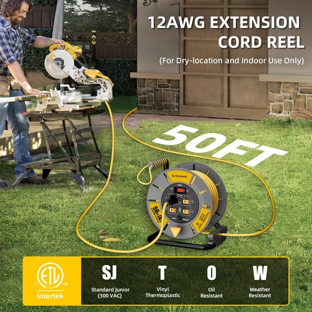 Alt view image 2 of 7 - 50 FT Retractable Extension Cord Reel, 12AWG SJTOW Heavy Duty Power Cord with 4 Grounded Outlets, USB-A & USB-C Ports, 15A Circuit Breaker, Hand Crank for Indoor Outdoor Use, ETL Listed, Yellow