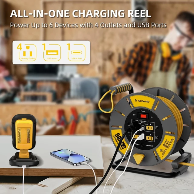 Alt view image 3 of 7 - 50 FT Retractable Extension Cord Reel, 12AWG SJTOW Heavy Duty Power Cord with 4 Grounded Outlets, USB-A & USB-C Ports, 15A Circuit Breaker, Hand Crank for Indoor Outdoor Use, ETL Listed, Yellow