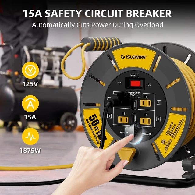 Alt view image 4 of 7 - 50 FT Retractable Extension Cord Reel, 12AWG SJTOW Heavy Duty Power Cord with 4 Grounded Outlets, USB-A & USB-C Ports, 15A Circuit Breaker, Hand Crank for Indoor Outdoor Use, ETL Listed, Yellow