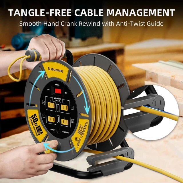 Alt view image 5 of 7 - 50 FT Retractable Extension Cord Reel, 12AWG SJTOW Heavy Duty Power Cord with 4 Grounded Outlets, USB-A & USB-C Ports, 15A Circuit Breaker, Hand Crank for Indoor Outdoor Use, ETL Listed, Yellow