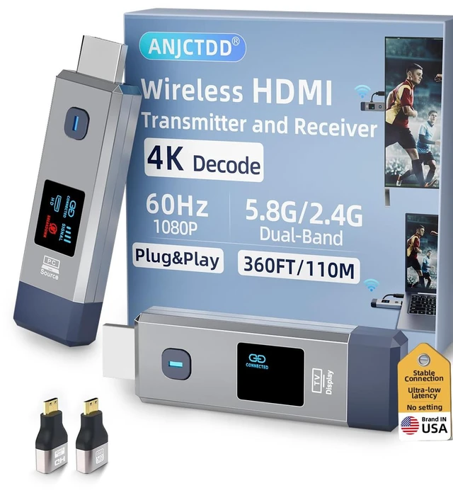 Main image of Wireless HDMI Transmitter and Receiver 360ft/110m Extender 1080P Output Ultra HD 4K Decode Input Plug&Play Portable 2.4G/5.8G for Video and Audio to Monitor from PC/Projector/TV Box LED Display