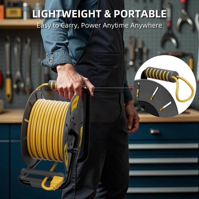 Alt view image 7 of 7 - 50 FT Retractable Extension Cord Reel, 12AWG SJTOW Heavy Duty Power Cord with 4 Grounded Outlets, USB-A & USB-C Ports, 15A Circuit Breaker, Hand Crank for Indoor Outdoor Use, ETL Listed, Yellow
