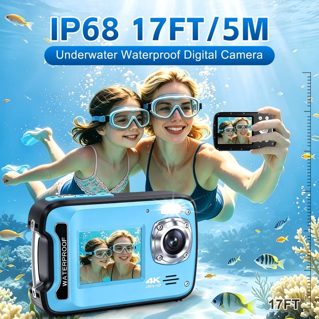 Alt view image 2 of 7 - Underwater Camera 4K 17FT Waterproof 48MP Autofocus Dual-Screen Selfie Compact Travel Camera for Snorkeling with 32GB Card Fill Light Float Strap Birthday Gifts