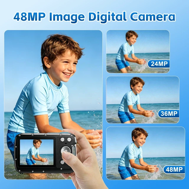 Alt view image 3 of 7 - Underwater Camera 4K 17FT Waterproof 48MP Autofocus Dual-Screen Selfie Compact Travel Camera for Snorkeling with 32GB Card Fill Light Float Strap Birthday Gifts