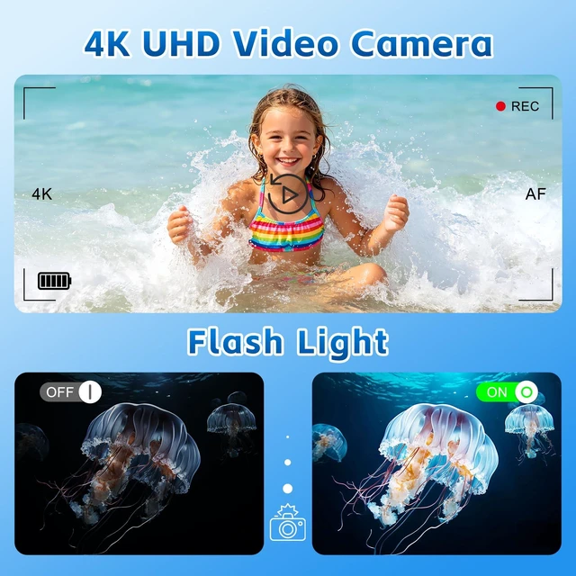Alt view image 4 of 7 - Underwater Camera 4K 17FT Waterproof 48MP Autofocus Dual-Screen Selfie Compact Travel Camera for Snorkeling with 32GB Card Fill Light Float Strap Birthday Gifts
