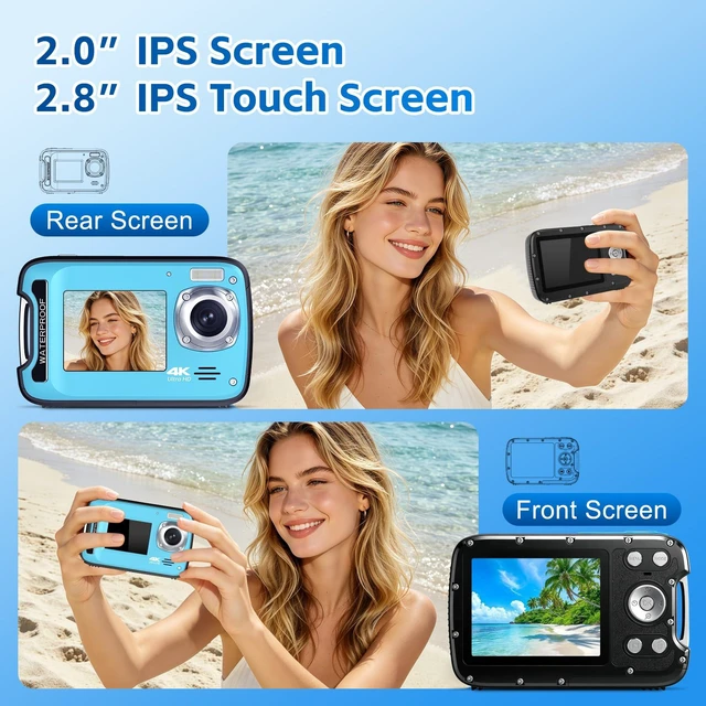 Alt view image 6 of 7 - Underwater Camera 4K 17FT Waterproof 48MP Autofocus Dual-Screen Selfie Compact Travel Camera for Snorkeling with 32GB Card Fill Light Float Strap Birthday Gifts