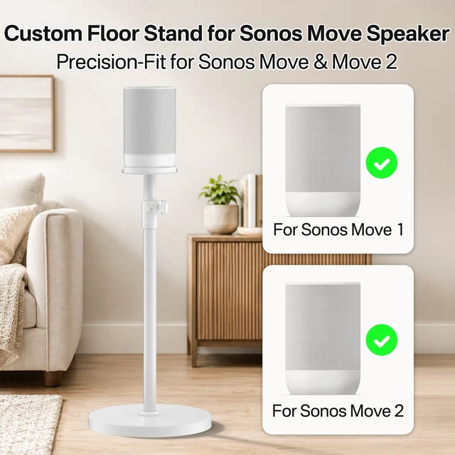 Alt view image 2 of 6 - Floor Speaker Stand for Sonos Move and Sonos Move 2 Stand, 1-Pack White ToolFree Height Adjustment 33.5"40.5", Neat Cable Management, Works With Cable & Base Charging, Weighted AntiWobble Base