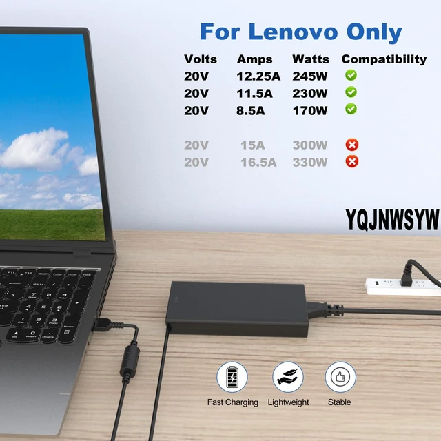Alt view image 3 of 5 - 245W 20V 12.25A Charger Compatible with Lenovo Legion Pro 5 5i 7i 16ADR10 15AKP10 16IAX10 15IAX10 Power Supply ADL245SLC3A Laptop Charger