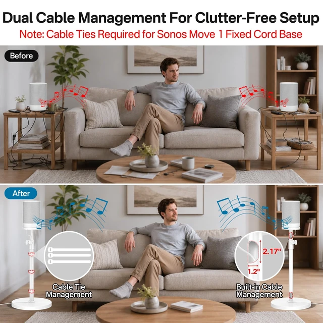 Alt view image 6 of 6 - Floor Speaker Stand for Sonos Move and Sonos Move 2 Stand, 1-Pack White ToolFree Height Adjustment 33.5"40.5", Neat Cable Management, Works With Cable & Base Charging, Weighted AntiWobble Base