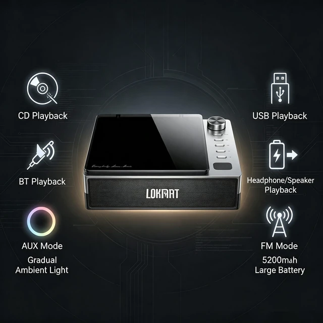 Alt view image 2 of 7 - CD Player Portable Bluetooth Small Retro CD Players for Home (Black) Portable CD Player with Speakers Rechargeable LCD Screen FM Radio Optical USB Type-C