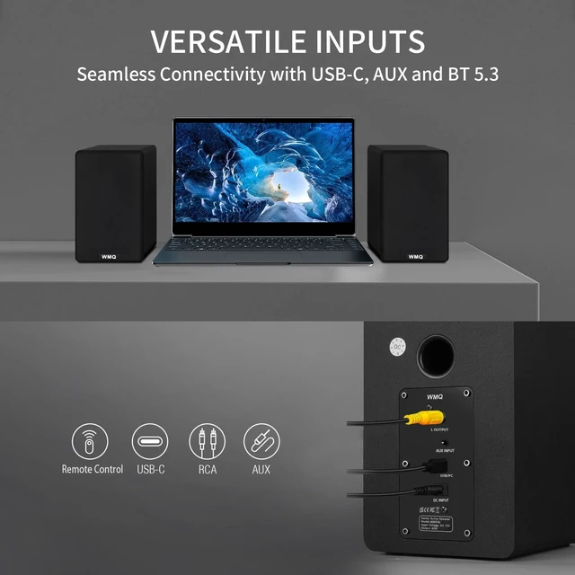 Alt view image 5 of 7 - Powered Bluetooth 5.3 Bookshelf SpeakersBlack 30W, 3.5 Inch Woofer, Bluetooth 5.3/AUX/RCA Inputs, LED Display & Remote Control, TV/Turntable/Record Player/Computer/PC