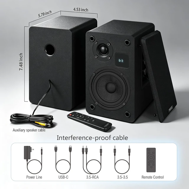 Alt view image 7 of 7 - Powered Bluetooth 5.3 Bookshelf SpeakersBlack 30W, 3.5 Inch Woofer, Bluetooth 5.3/AUX/RCA Inputs, LED Display & Remote Control, TV/Turntable/Record Player/Computer/PC