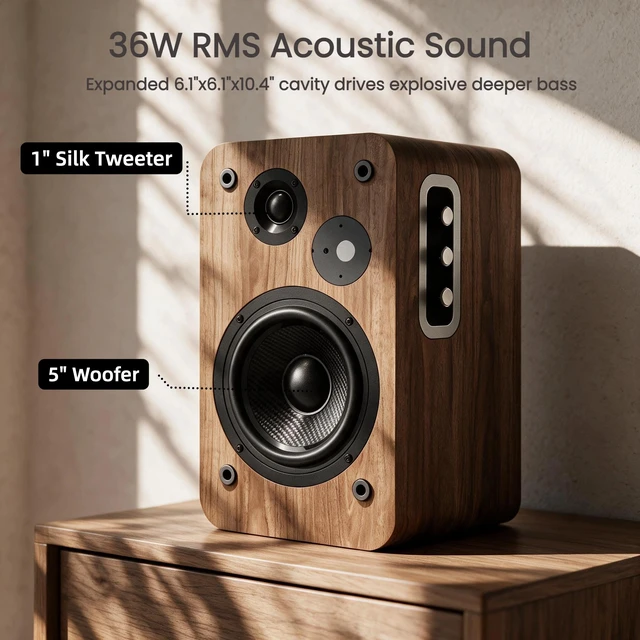 Alt view image 2 of 7 - Active Bookshelf Speakers 36W RMS Studio Monitor 5'' Woofers+1'' Tweeters, Bass & Treble Adjustment, BT 5.4/USB/AUX/RCA Compatible with PC, Record Player