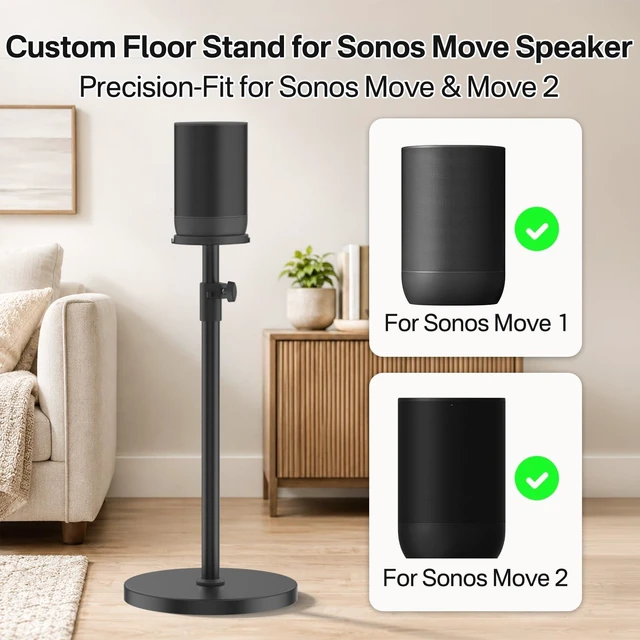 Alt view image 2 of 6 - Floor Speaker Stand for Sonos Move and Sonos Move 2 Stand, 1-Pack Black ToolFree Height Adjustment 33.5"40.5", Neat Cable Management, Works With Cable & Base Charging, Weighted AntiWobble Base