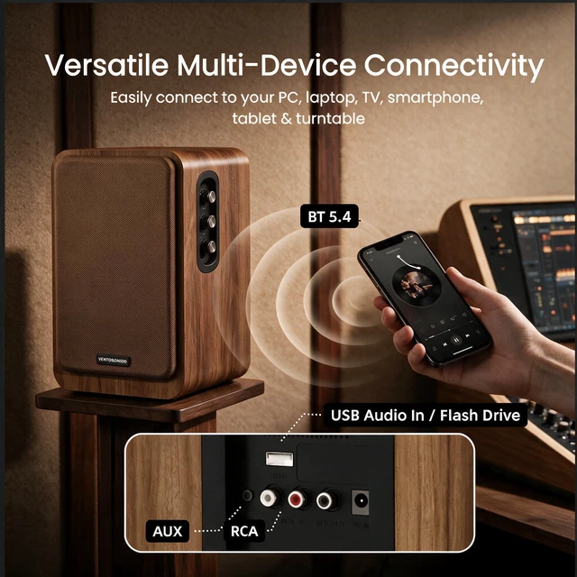 Alt view image 4 of 7 - Active Bookshelf Speakers 36W RMS Studio Monitor 5'' Woofers+1'' Tweeters, Bass & Treble Adjustment, BT 5.4/USB/AUX/RCA Compatible with PC, Record Player
