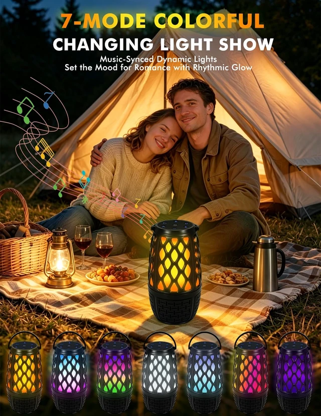 Alt view image 2 of 7 - Outdoor Speakers with Flame & RGB Lights, 10W HD Stereo, Gift for Men Women Bluetooth 5.3 Speakers Wireless IPX6 Waterproof, Auto-Pairing, Multi-Sync Up to 100-Speaker, Perfect for Patio, Pool, Party