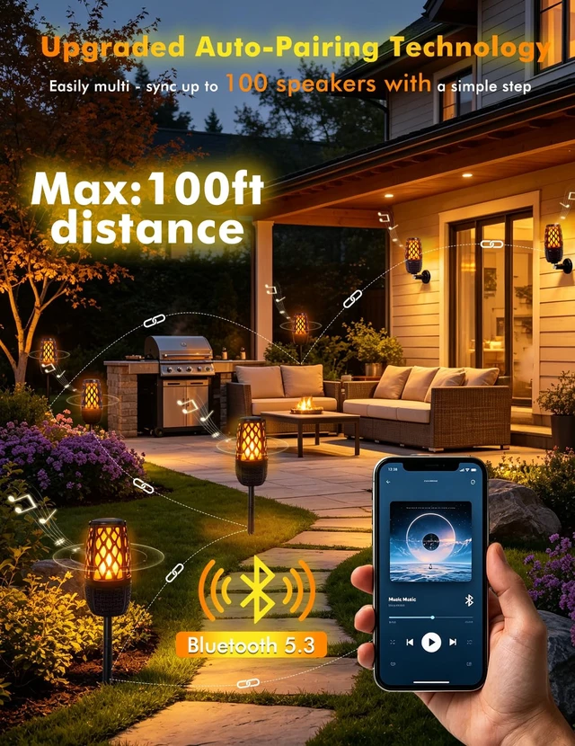 Alt view image 3 of 7 - Outdoor Speakers with Flame & RGB Lights, 10W HD Stereo, Gift for Men Women Bluetooth 5.3 Speakers Wireless IPX6 Waterproof, Auto-Pairing, Multi-Sync Up to 100-Speaker, Perfect for Patio, Pool, Party