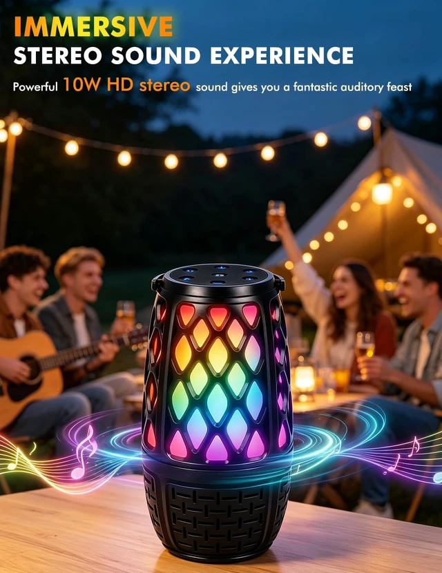 Alt view image 4 of 7 - Outdoor Speakers with Flame & RGB Lights, 10W HD Stereo, Gift for Men Women Bluetooth 5.3 Speakers Wireless IPX6 Waterproof, Auto-Pairing, Multi-Sync Up to 100-Speaker, Perfect for Patio, Pool, Party