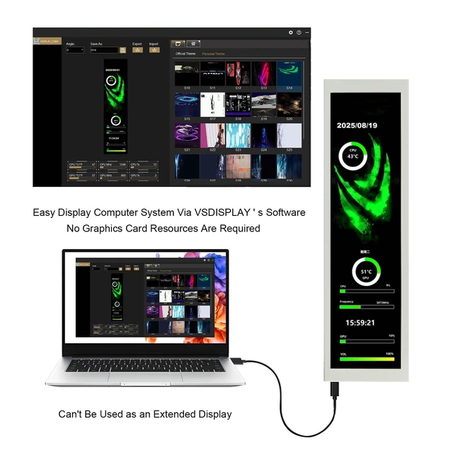 Alt view image 2 of 7 - 8.8'' 1920x480 PC Case Internal Screen with Theme Editor,White for Monitoring Computer Speed Temperature CPU GPU RAM Data
