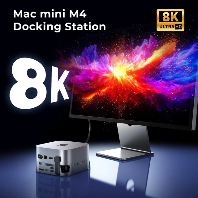 Alt view image 3 of 7 - Mac mini M4 Dock Station & Aluminum Stand for Mac mini M4, 11-in-1 Mac mini M4 Hub with 10Gbps M.2 NVMe SATA SSD Enclosure*2, DP 8K@60Hz, 10Gbps USB A*4, SD TF 3.0 Card Reader, USB 2.0 * 2