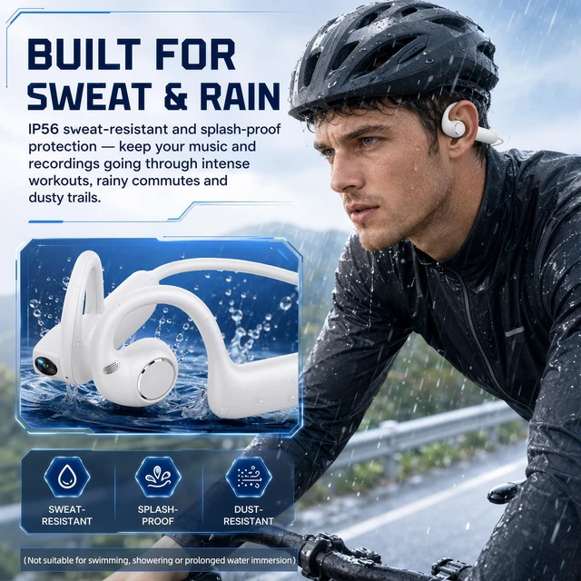 Alt view image 7 of 7 - E12 Open Ear Headphones Bone Conduction Headphones with 8MP Camera Open-Air Wireless Bluetooth Headphones, HiFi Stereo Sound, IP56 Waterproof AI Voice Assistant Headset for Sports and Travel (Black)