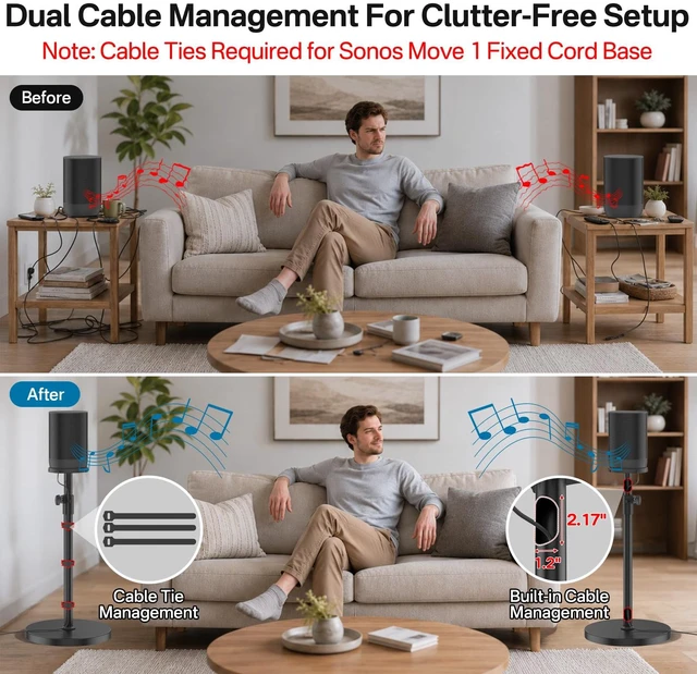 Alt view image 6 of 6 - Floor Speaker Stand for Sonos Move and Sonos Move 2 Stand, 1-Pack Black ToolFree Height Adjustment 33.5"40.5", Neat Cable Management, Works With Cable & Base Charging, Weighted AntiWobble Base