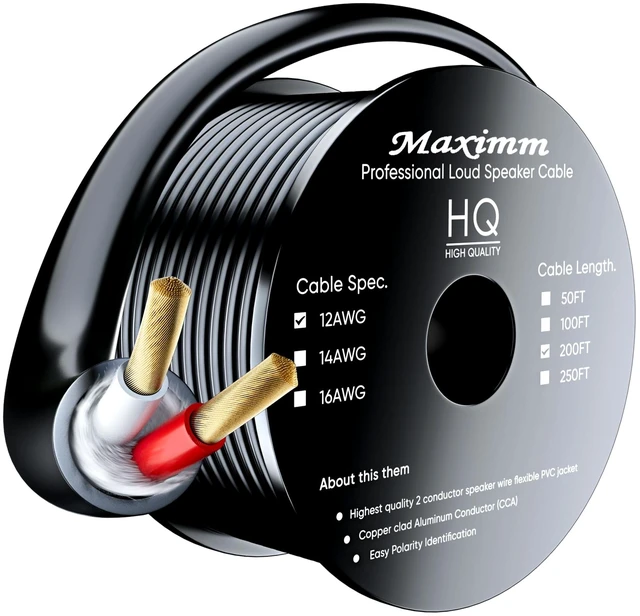 Main image of in-Wall Speaker Wire 200 Ft, 12 AWG, CL3 Rated, Black 12 AWG copper-clad aluminum conductors handle high-power home theater and surround sound systems