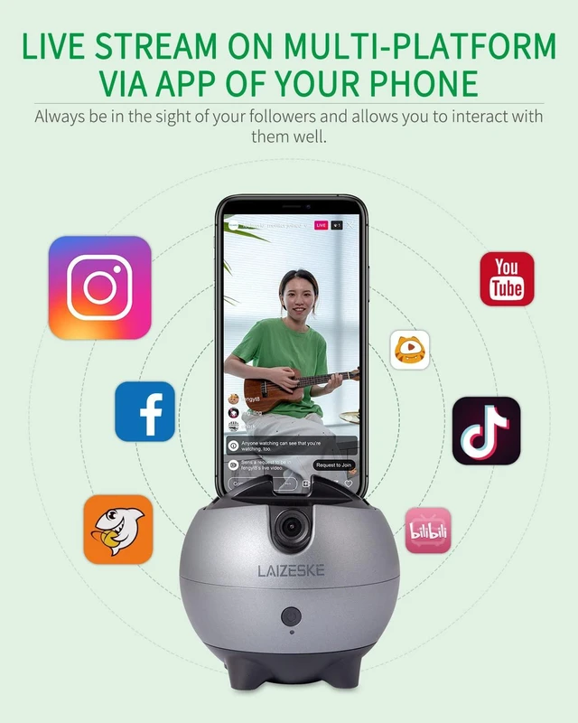 Alt view image 5 of 7 - LA8 360 Rotation Auto Tracking Handsfree Face Body Motion Phone Mount No App Required, for Facebook YouTube TikTok Live Vlog Streaming Video