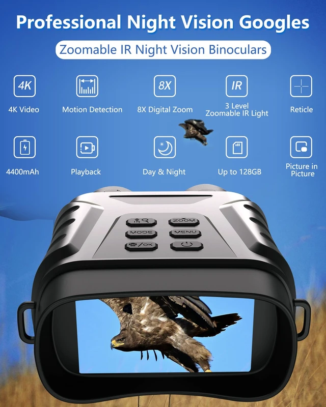 Alt view image 2 of 7 - 4K Night Vision Goggles, 8X Digital Zoom High Powered Binoculars for Adults Night Vision Binoculars with Camera, 3" Screen, IR Light, Viewing up to 1312 FT in Darkness, 32GB Card for Hunting