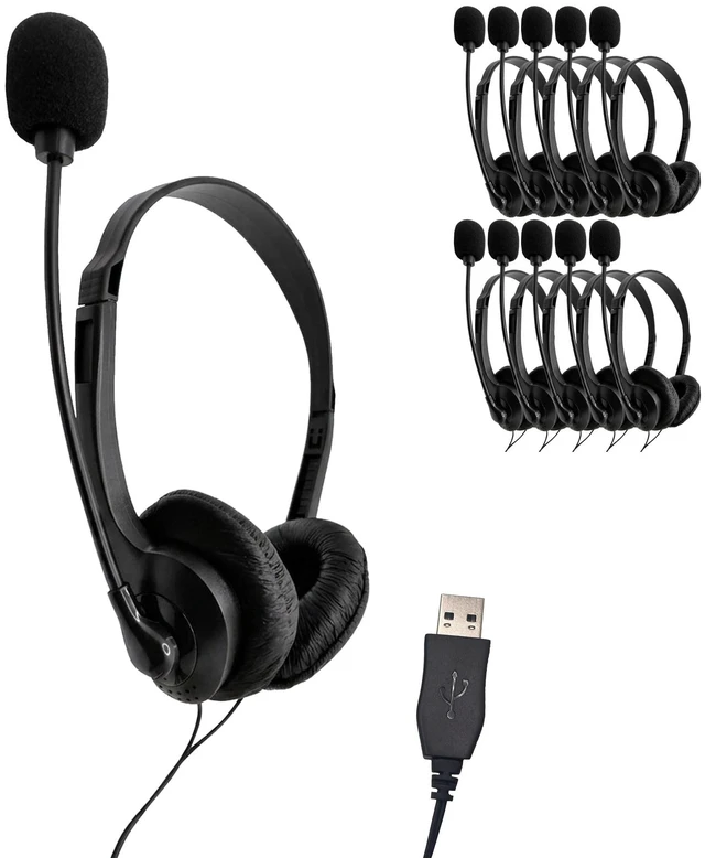 Main image of Bulk USB Headsets with Mic 10 Pack Budget Stereo Headphones with Boom Microphone Ideal for Classrooms, Offices, Remote Work