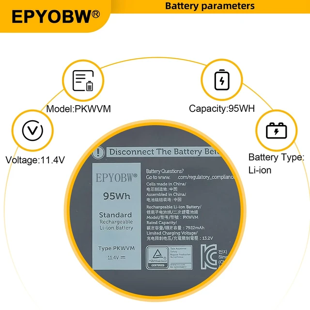 Alt view image 3 of 6 - PKWVM Laptop Battery 95Wh 7922mAh 6-Cell 11.4V C903V 0CR72X Compatible with Dell Precision 7550 7560 / Precision 7750 7760 Series 068N03 0447VR