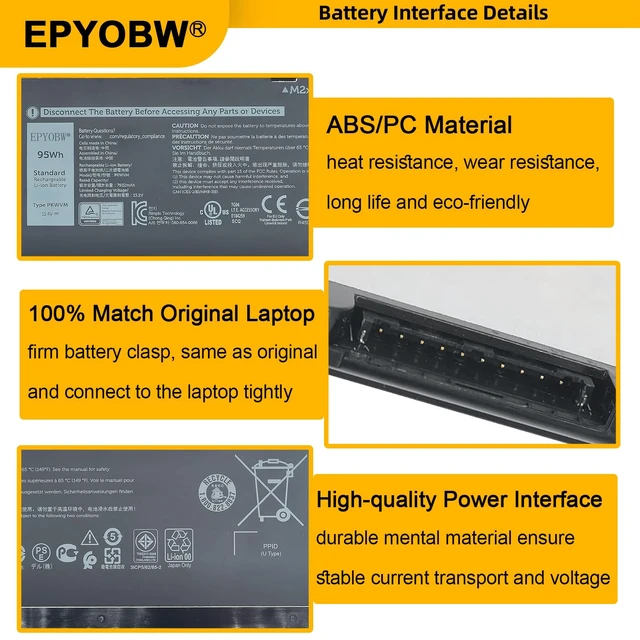 Alt view image 4 of 6 - PKWVM Laptop Battery 95Wh 7922mAh 6-Cell 11.4V C903V 0CR72X Compatible with Dell Precision 7550 7560 / Precision 7750 7760 Series 068N03 0447VR