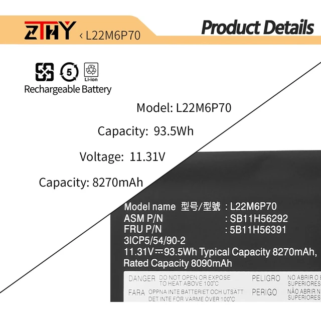 Alt view image 2 of 7 - L22M6P70 Laptop Battery for Lenovo ThinkPad P16 Gen 1 P16 Gen 2 P14s Gen 5 L22L6P70 L21L6P70 L21M6P70 SB11H56292 5B11H56391 SB11H56293 5B11H56392 8270mAh 11.31V 93.5Wh