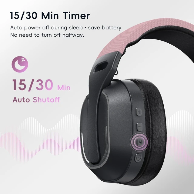 Alt view image 4 of 7 - Over-Ear Headphones, 50H Playtime Headset with White Noise,Pink Bluetooth 6.0 Headphones, HiFi Sound, Timer & Relaxation Modes, USB C Wired Audio, Lightweight for Music Lovers/Sleep/Work