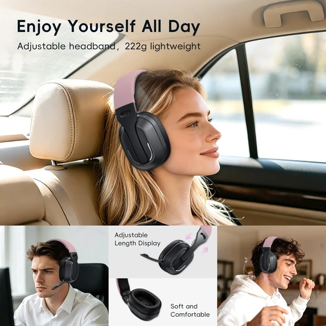 Alt view image 7 of 7 - Over-Ear Headphones, 50H Playtime Headset with White Noise,Pink Bluetooth 6.0 Headphones, HiFi Sound, Timer & Relaxation Modes, USB C Wired Audio, Lightweight for Music Lovers/Sleep/Work