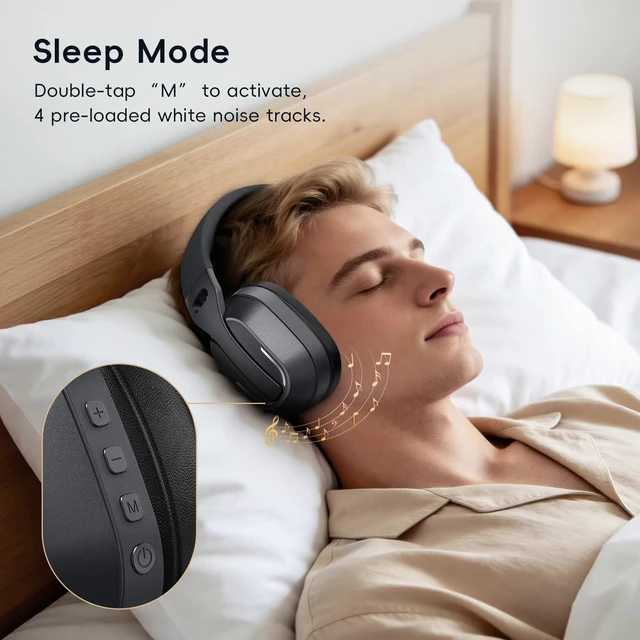Alt view image 3 of 7 - Over-Ear Headphones, 50H Playtime Headset with White Noise,Black Bluetooth 6.0 Headphones, HiFi Sound, Timer & Relaxation Modes, USB C Wired Audio, Lightweight for Music Lovers/Sleep/Work