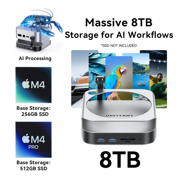 Alt view image 3 of 7 - for Mac mini M4 Dock, 10 in 1 Aluminum Stand for M4/M4 Pro with M.2 NVMe SSD Enclosure, 4K@240HZ/144HZ USB A 3.2, 10Gbps Transfer, USB C Extender, SD/TF Reader, Silver