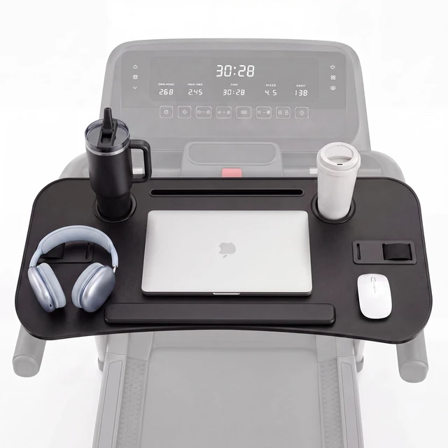 Main image of Treadmill Desk Attachment, Non-Slip Faux Leather Laptop Desk for Walking Pad, Universal Workstation for Treadmill Handlebars up to 36", Ergonomic Tray Holder for Notebook, Tablet, Cup (Black)