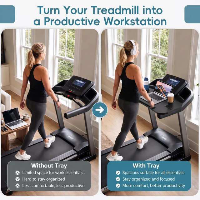 Alt view image 3 of 7 - Treadmill Desk Attachment, Non-Slip Faux Leather Laptop Desk for Walking Pad, Universal Workstation for Treadmill Handlebars up to 36", Ergonomic Tray Holder for Notebook, Tablet, Cup (Black)