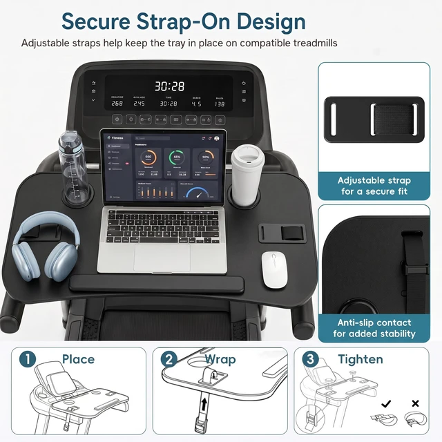 Alt view image 4 of 7 - Treadmill Desk Attachment, Non-Slip Faux Leather Laptop Desk for Walking Pad, Universal Workstation for Treadmill Handlebars up to 36", Ergonomic Tray Holder for Notebook, Tablet, Cup (Black)