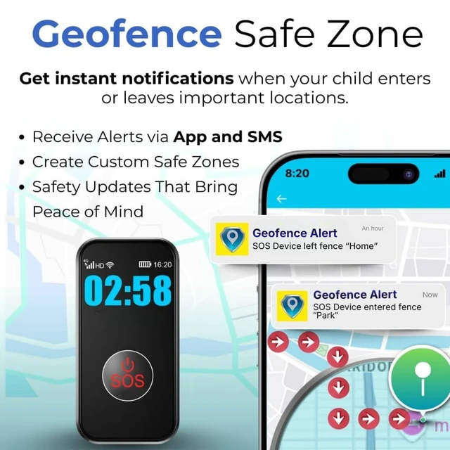Alt view image 6 of 7 - Kids GPS Tracker with Real Time Location, GEO Fence Safe Zone Notifications, SOS Button & 2-Way Calling, Child Safety, Kids Tracker, Classroom Mode, Compact & Discreet Design