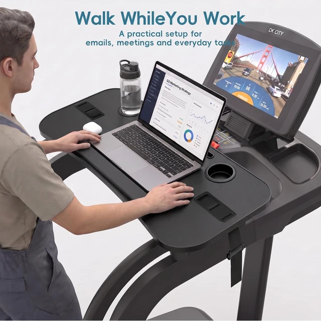 Alt view image 6 of 7 - Treadmill Desk Attachment, Non-Slip Faux Leather Laptop Desk for Walking Pad, Universal Workstation for Treadmill Handlebars up to 36", Ergonomic Tray Holder for Notebook, Tablet, Cup (Black)