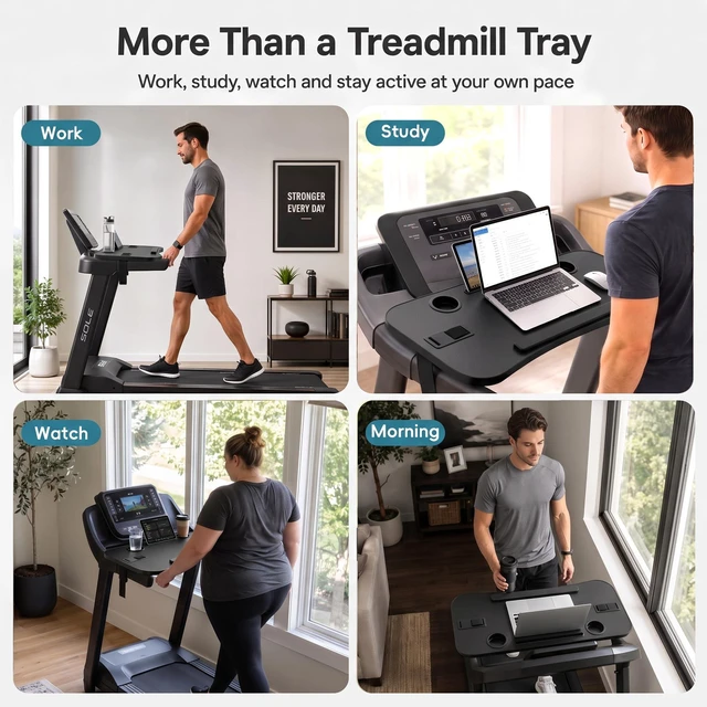 Alt view image 7 of 7 - Treadmill Desk Attachment, Non-Slip Faux Leather Laptop Desk for Walking Pad, Universal Workstation for Treadmill Handlebars up to 36", Ergonomic Tray Holder for Notebook, Tablet, Cup (Black)